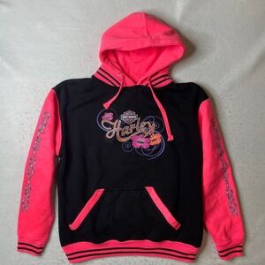 Harley Davidson Hoodie Black Neon Pink Floral Graphic Flowers Y2K
